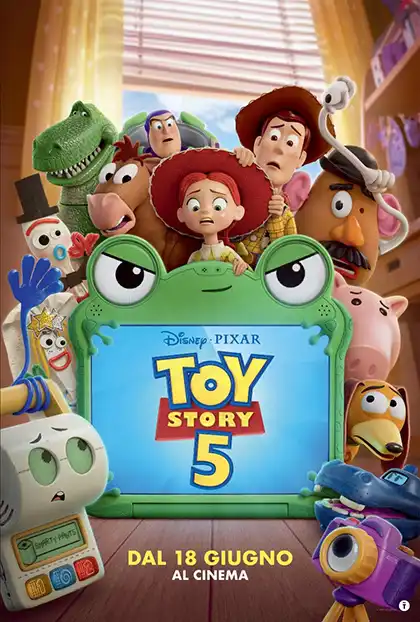 L'immagine mostra la locandina ufficiale italiana del film d'animazione Disney Pixar "Toy Story 5".