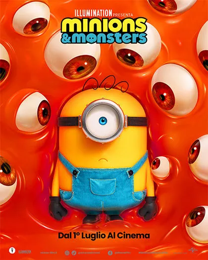  Al centro  spicca un Minion giallo con un solo grande occhio azzurro. Indossa la classica salopette di jeans blu 