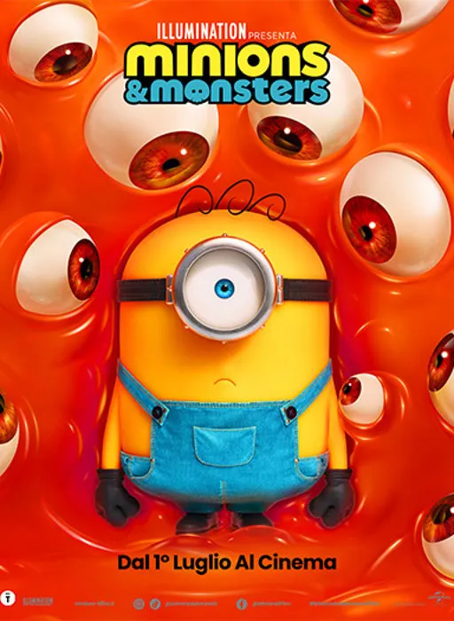  Al centro  spicca un Minion giallo con un solo grande occhio azzurro. Indossa la classica salopette di jeans blu 