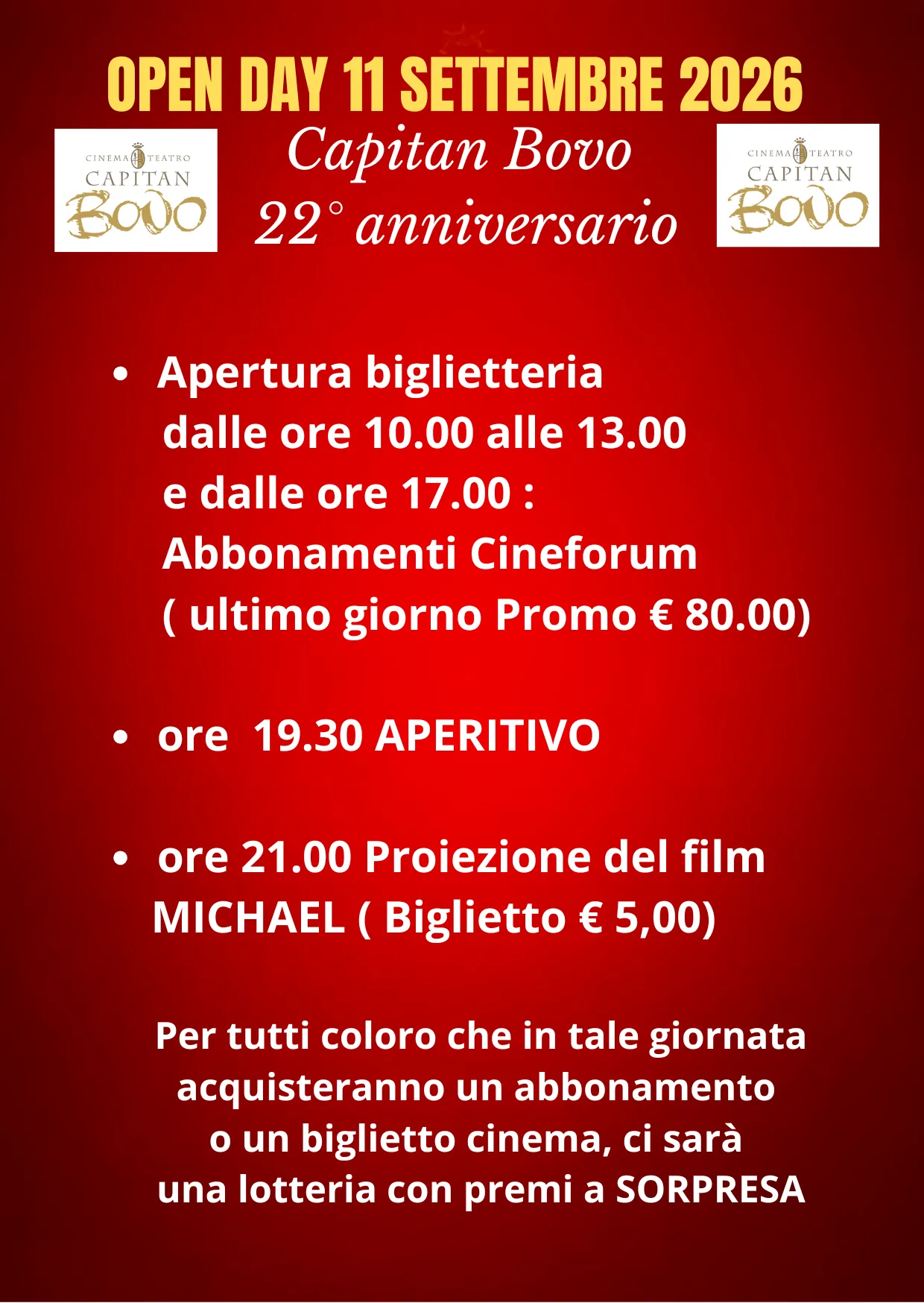 L'immagine è una locandina promozionale per l'Open Day dell'11 Settembre 2026 del Cinema Teatro Capitan Bovo