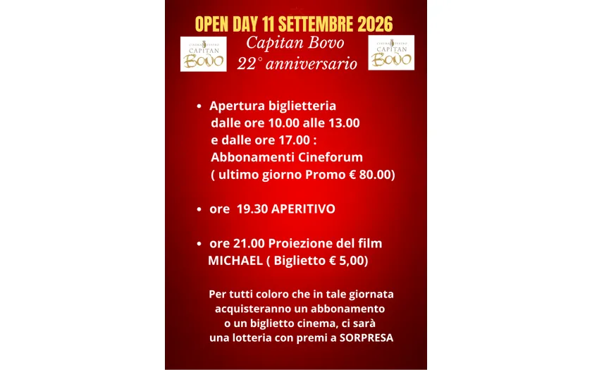 L'immagine è una locandina promozionale per l'Open Day dell'11 Settembre 2026 del Cinema Teatro Capitan Bovo