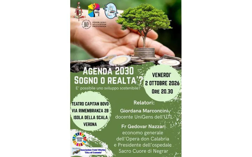 locandina di un evento pubblico di approfondimento intitolato "AGENDA 2030 SOGNO O REALTA'?", con il sottotitolo "E' po